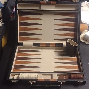 Vintage Backgammon Gaming Set in Black & Brown Leather Travel Brief Case
